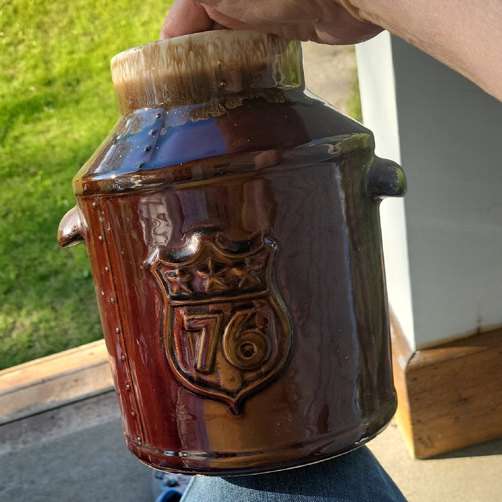 Vintage Brown Ceramic Jug/ Crock with "76" Emblem